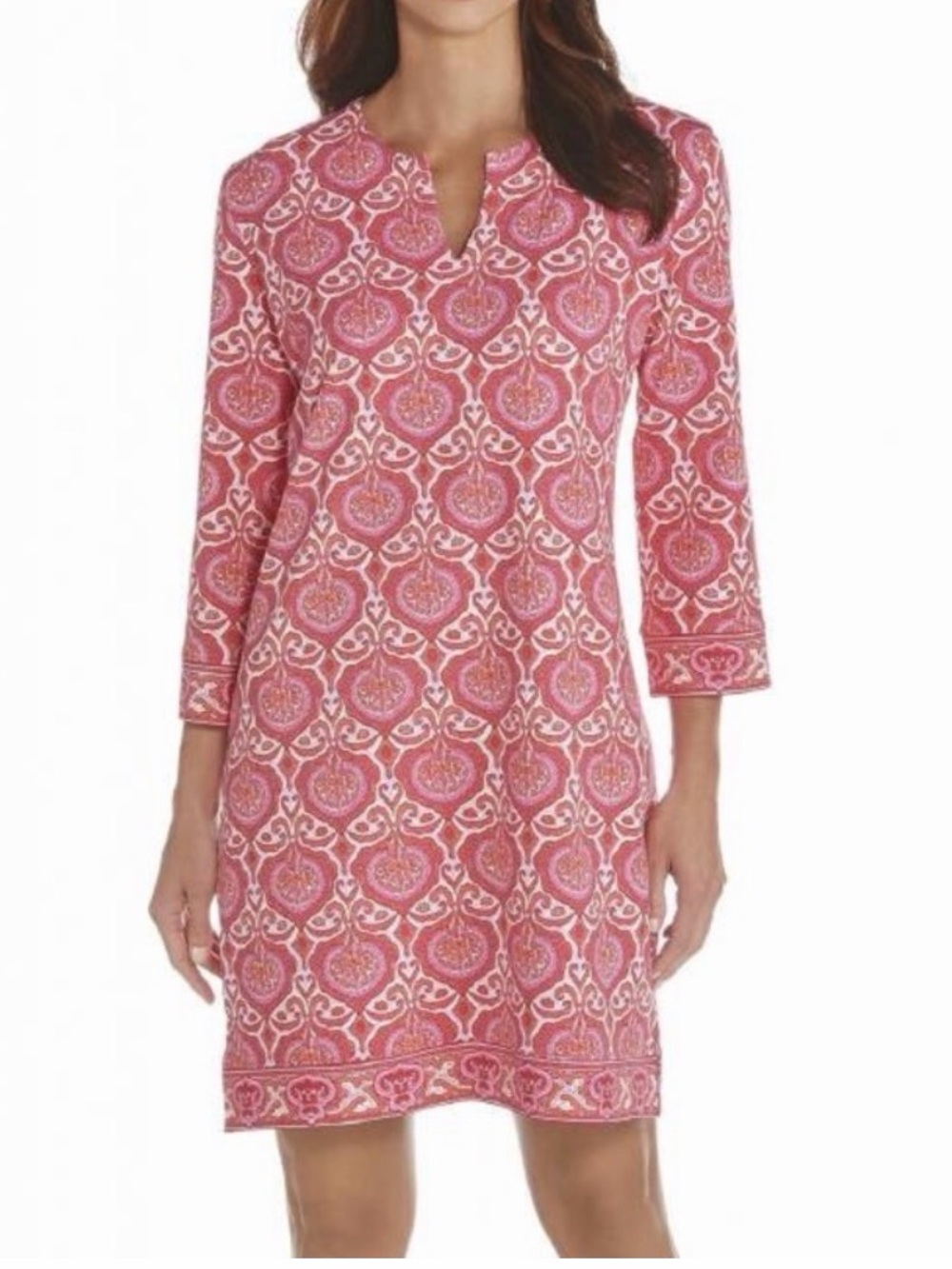 Coolibar Pink Red Tile Print Oceanside Tunic Shift Dress Small V- Neck UPF White - Picture 2 of 10